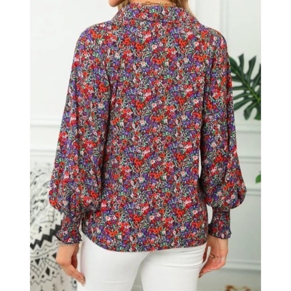 Dokotoo Women’s Floral Balloon Sleeve Button Down Blouse Top Shirt Casual Office - Picture 3 of 15